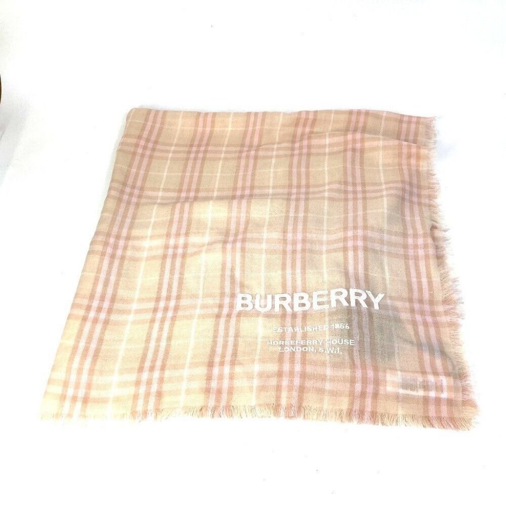 BURBERRY check logo Stole/Shawl fringe Scarf Cashmere Pink/Beige